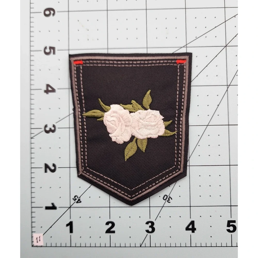WHITE ROSE ON POCKET BLACK‎ DENIM EMBROIDERED PATCH
